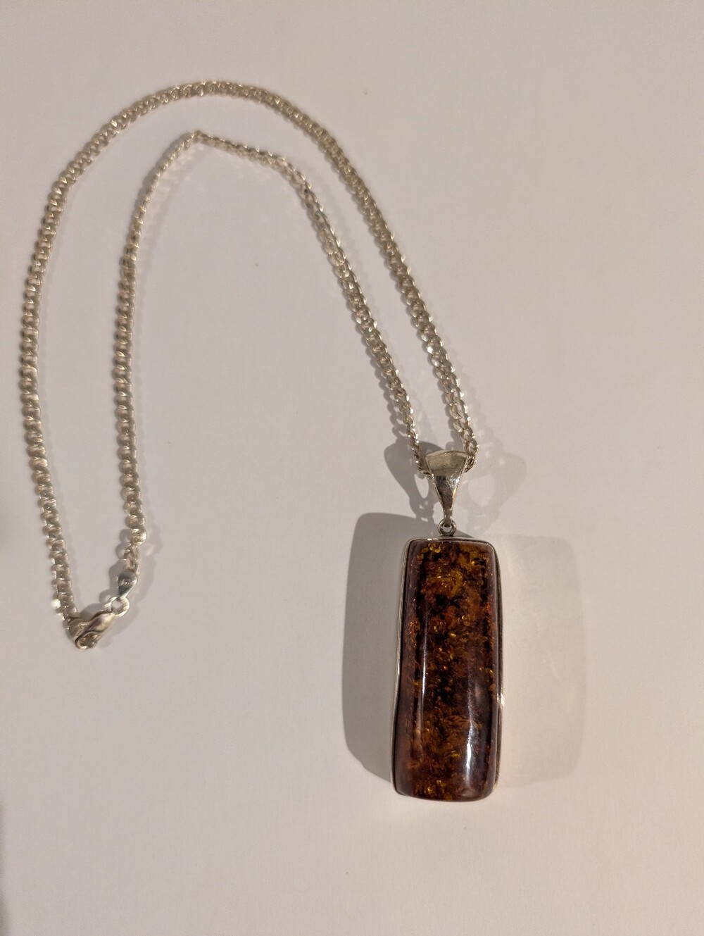 Rectangular Amber Pendant Necklace On A 20" Silver Curb Chain